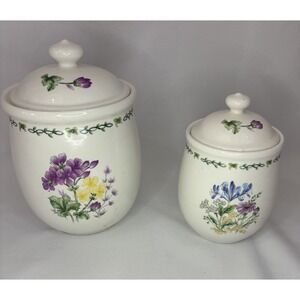 Thomson Pottery Garden Canister Set Of Two All With Lids Vintage